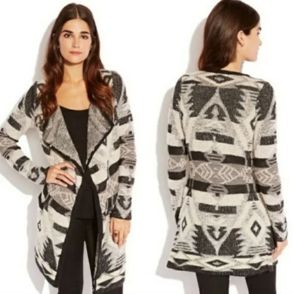 Lucky Brand Black & Cream Southwestern Open Cardigan Sweater Size Large - Picture 9 of 9
